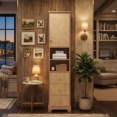 15.7" Modern Bathroom Cabinet with Adjustable Shelf, Engineered Wood Storage Tower with 3 Drawers & Gold Handles (Wood)