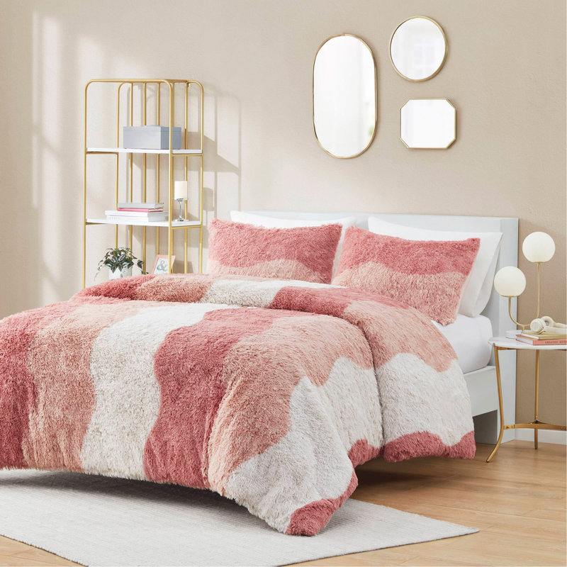 Ensemble de housse de couette en fausse fourrure à poil long 3 pièces King / Cal King Ombre, doux et confortable avec traitement antimicrobien