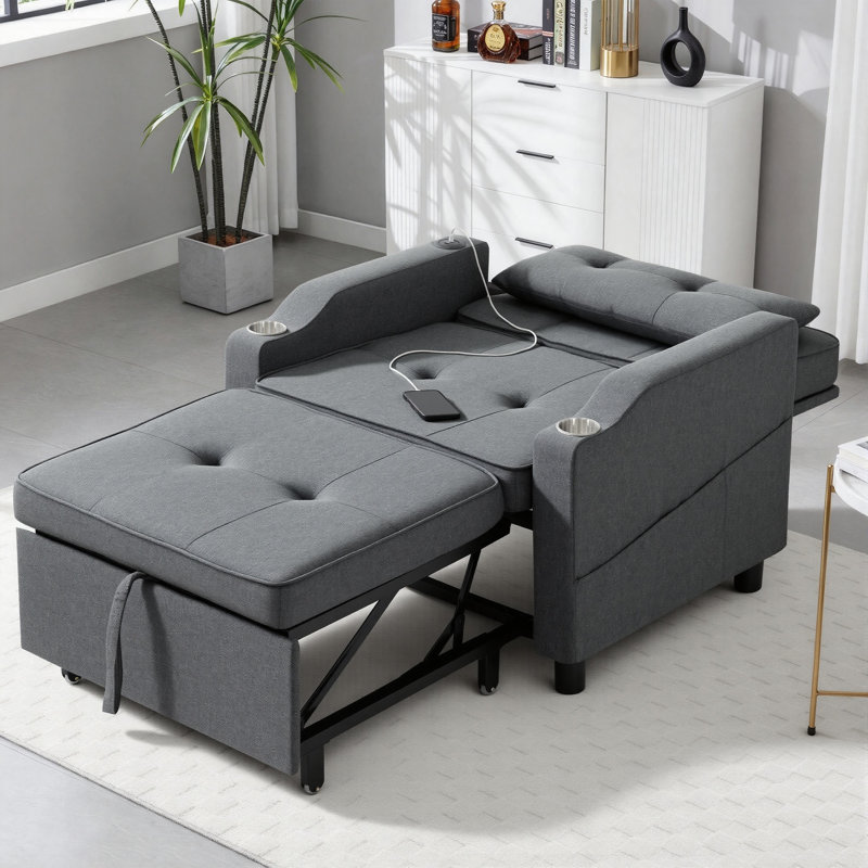 Compact 3-in-1 Convertible Sleeper Chair With Usb And Type-c Charging, Dark Gray