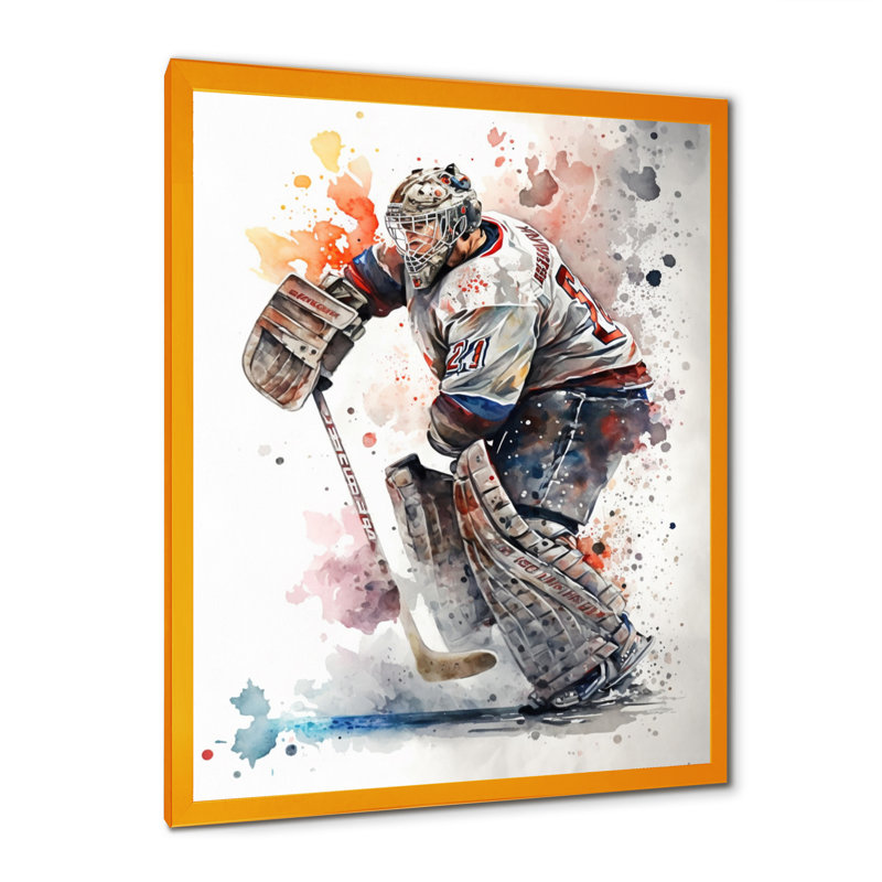 Hockey sur gazon sur glace pendant le match II - Impression sur toile, H 32 po x l 16 po x P 1 po, Encadrement doré