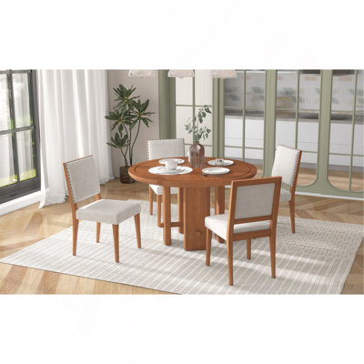TREXM 5-Piece Round Dining Table Set For 4, Minimalist Farmhouse Dining Table With 4 Solid Wood Upholstered Chairs, Kitchen & Dining Room Sets (Brown)