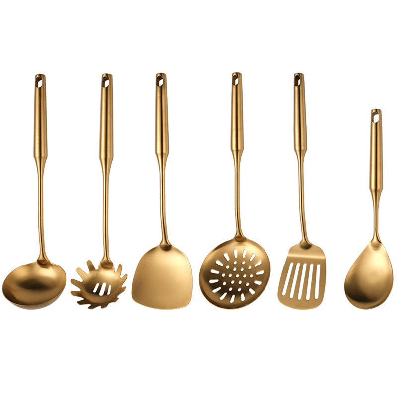 Ensemble d'ustensiles de cuisine 6 pièces en acier inoxydable - Louche, cuillère rainurée, Turner - Outils de cuisine à finition métallique dorée