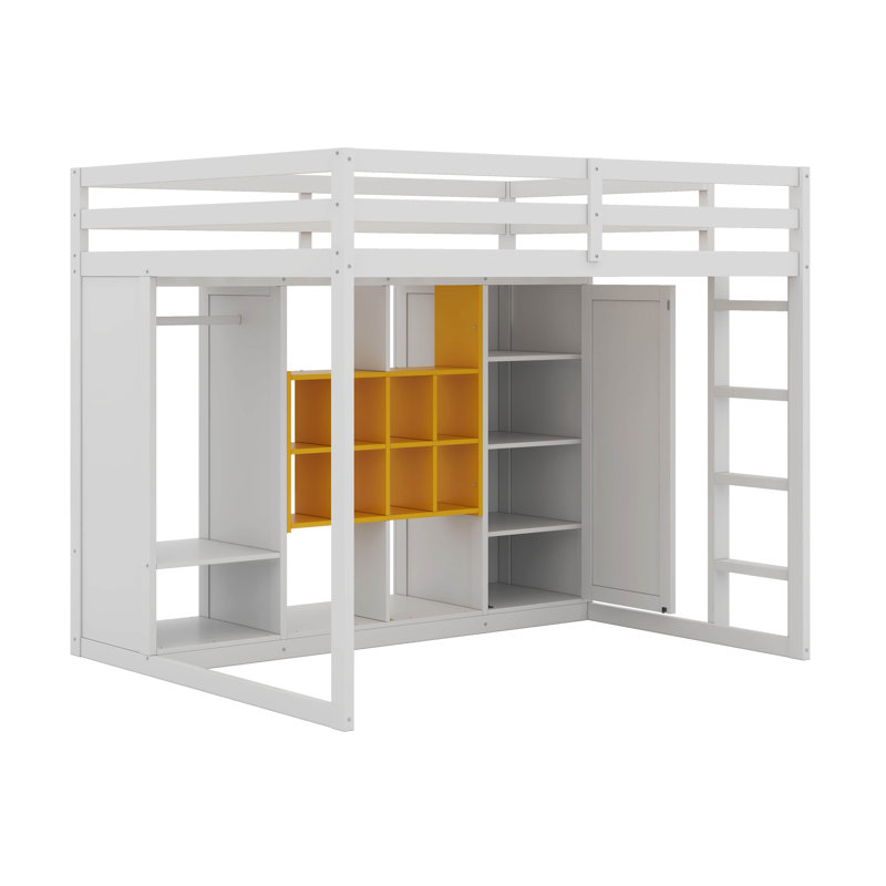 Lit mezzanine en bois avec garde-robe et escalier réversible, cadre de lit multifonction avec tablettes et armoire, Double