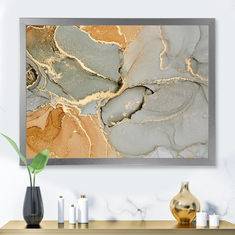 «Brown Luxury Abstract Fluid Art VI», peinture sur toile, H 16 po x l 32 po x P 1 po, Cadre photo argenté