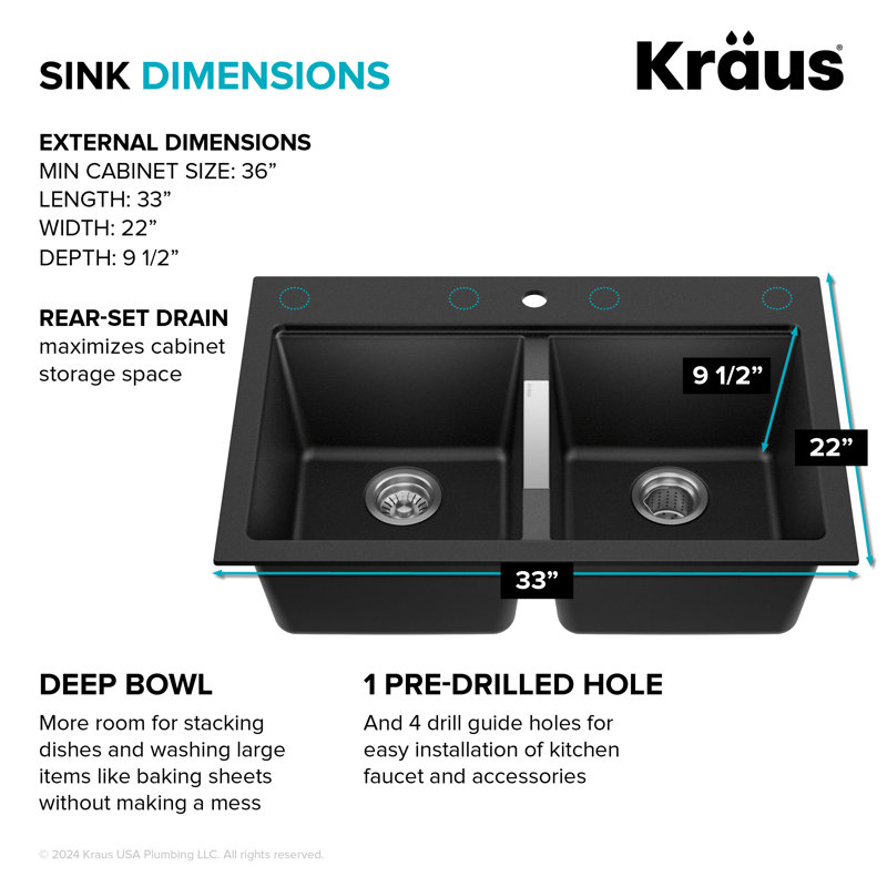 KRAUS Dual Mount Bowl Granite Kitchen Sink w/ Top Mount and Undermount Installation, 50/50 Double Bowl, Black