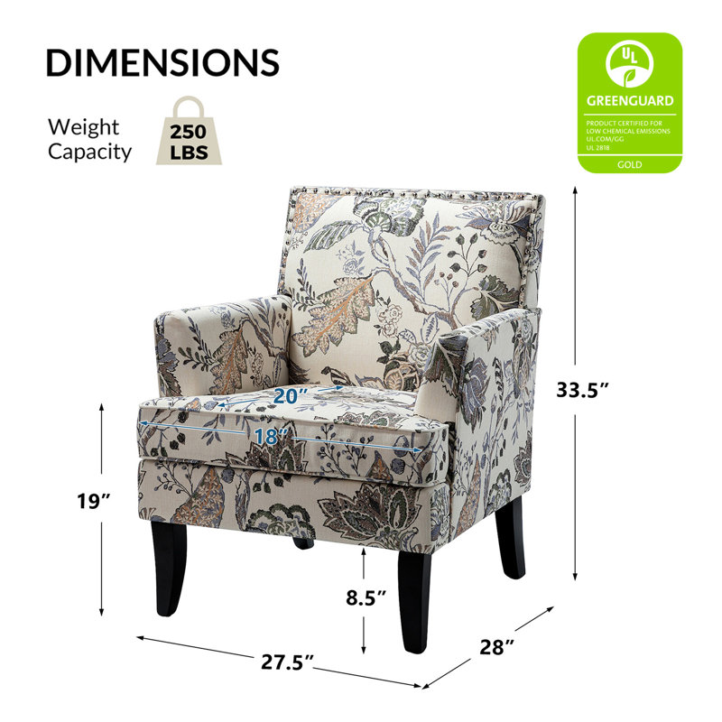 Fauteuil rembourré de 27,15 po de largeur avec garniture cloutée Iliana, Cream/Gray/Orange Floral Polyester Blend