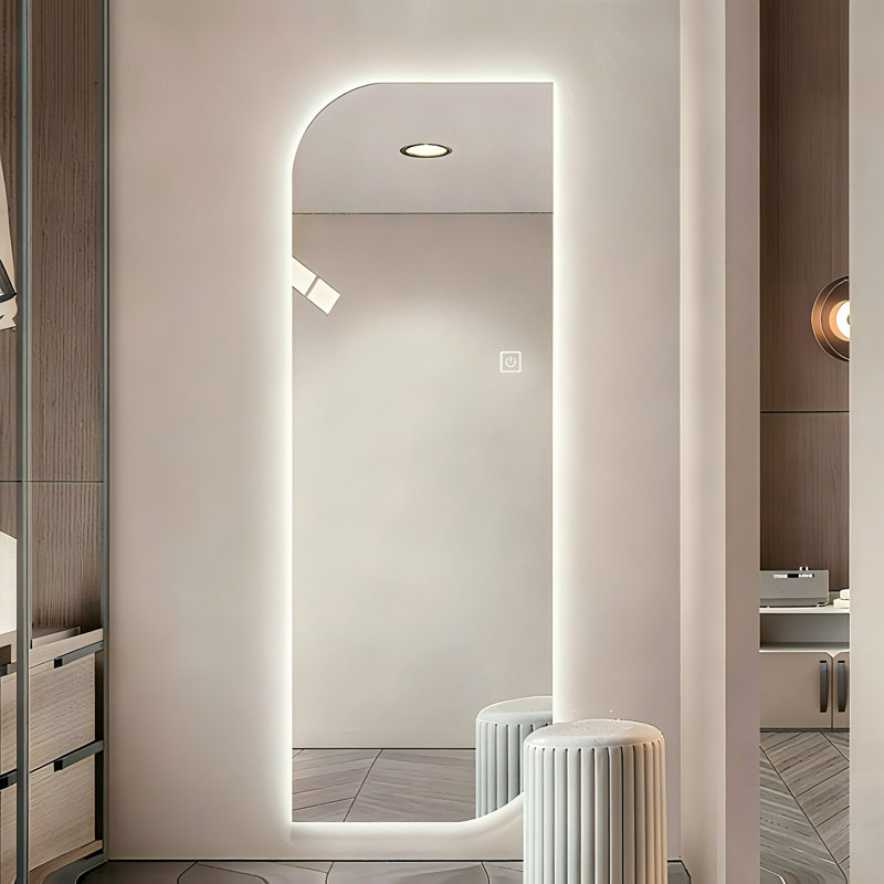 LED Full Length Wall Mirror With Irregular Shape, 3-Color Dimmable Lighting, And Copper-Free Silver Glass For Modern Interiors