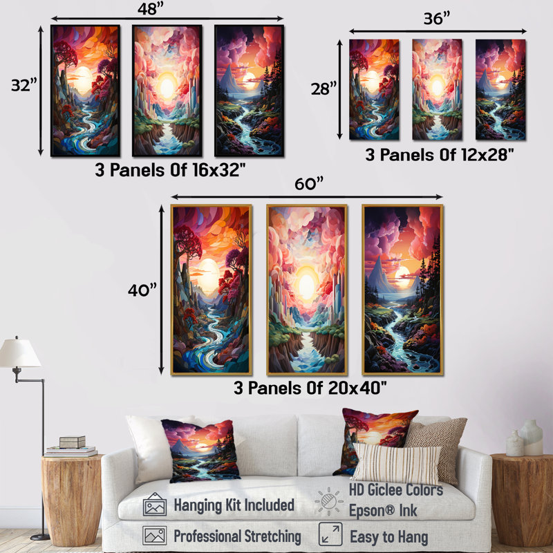 «Rainbow Mountain Sunrise Landscape», ensemble d'art mural sur toile arc-en-ciel de 3, Cadre flottant doré, H 28 po x l 36 po