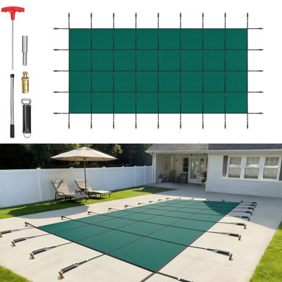 Inground Pool Safety Cover, 20 ft x 42 ft Rectangular Winter Pool Cover, Triple Stitched, High Strength Mesh PP Material with Good Rain Permeability, Installation Hardware Included, Green