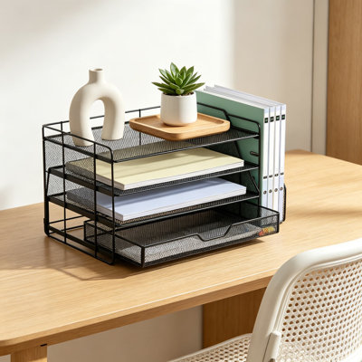Desk Organizer with 4-Tier Storage, Desktop Paper Tray File Organizer with Drawer and Pen Holder, Home Office Workspace Accessories for Documents and