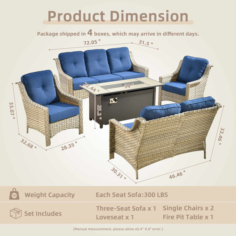 Ensemble de meubles de patio 5 pièces avec table de foyer d'extérieur de 54 po, canapé d'extérieur en osier avec coussins confortables