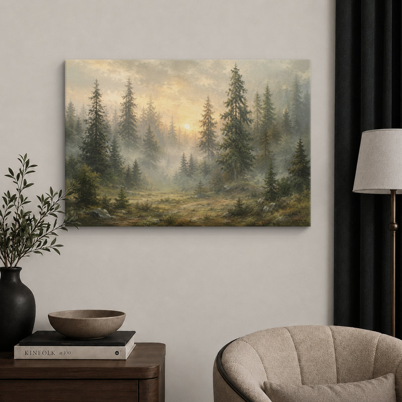 «Misty Evergreen Forest Sunrise», art de salon rustique, impression sur toile encadrée, H 12 po x l 18 po x P 1,5 po