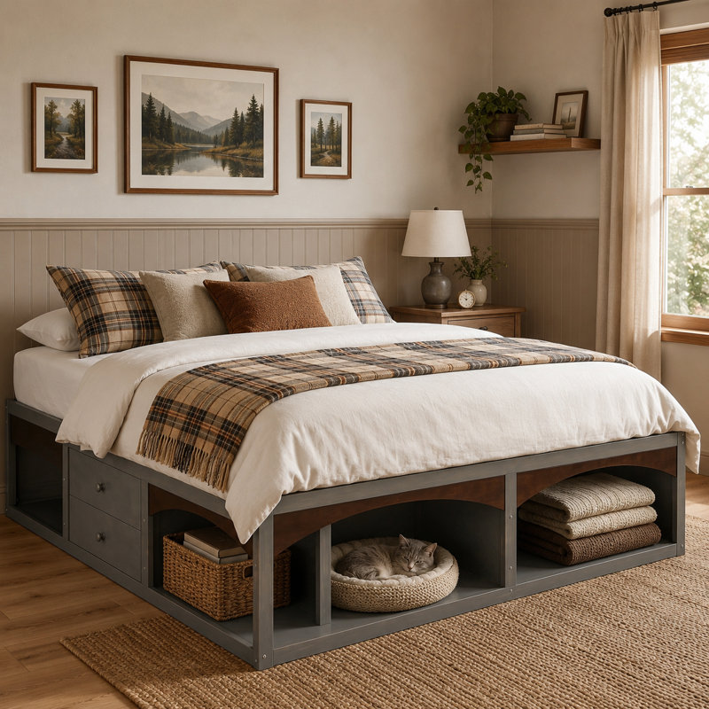 Très grand lit plateforme rétro gris minimaliste sans tête de lit, avec tiroirs et bande lumineuse à DEL, conception adaptée aux animaux de compagnie sans base de lit.