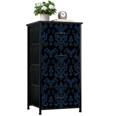 Commode pour chambre à coucher avec 4 tiroirs de rangement Élégante commode en tissu damassé bleu foncé orné de détails floraux Commode en tissu pour chambre d'enfant