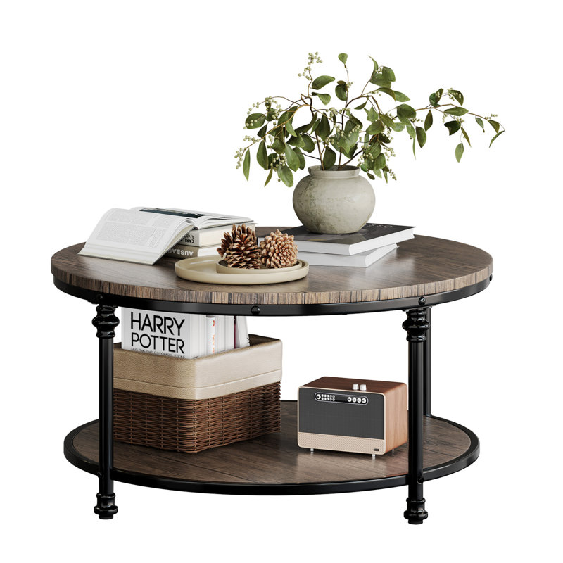 30 Inch Round 2-Tier Coffee Table with Storage Shelf, Light Brown