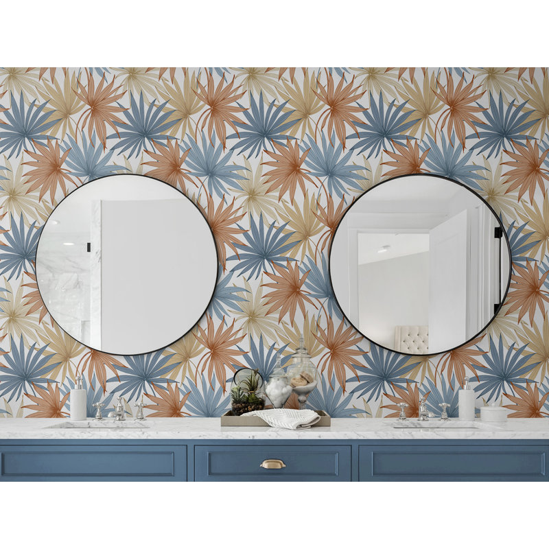 Tropic Palm Toss Luxe Haven Peel and Stick Wallpaper, Charlotte Blue/Soft Melon
