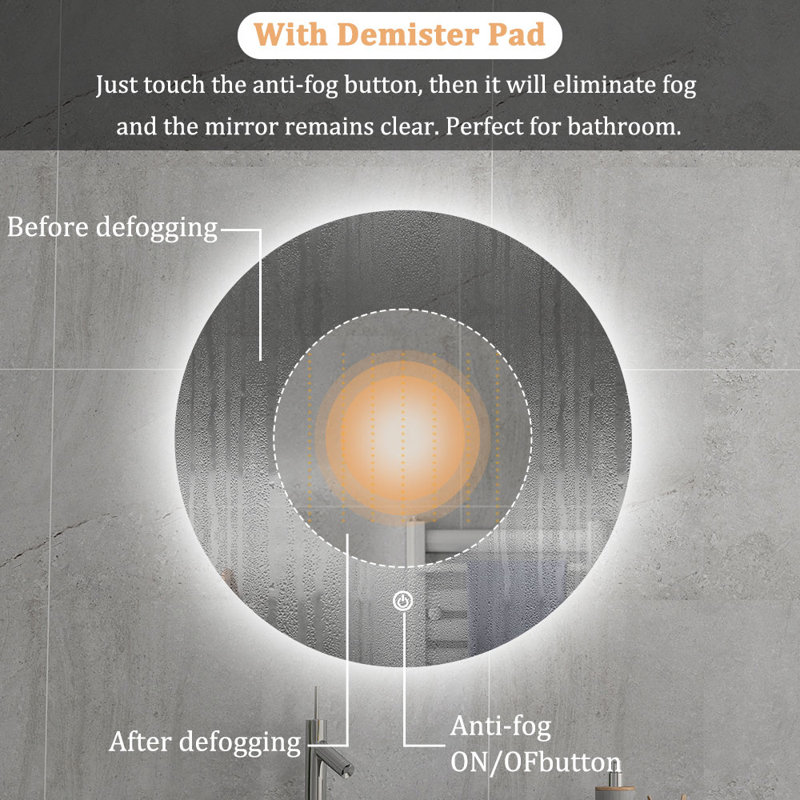 Round LED Bathroom Mirror with Light Adjustable Brightness,Anti-fog,Memory Function, 50 x 50 cm
