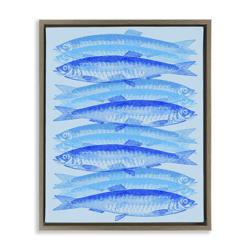 "Blue Layered Fish", art mural sur toile flottante par Daphne Polselli, Cadre flottant orme Montalcino, H 31 po x l 25 po