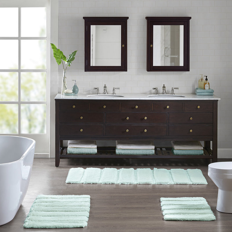 17X24" Bath Rug, Stripe, Construction, Soft Color, Fade & Stain , Non-Skid Backing, Machine Washable For Elegance Mat, 100% Macro-Spun , Tufting, Sheen, And Back, By