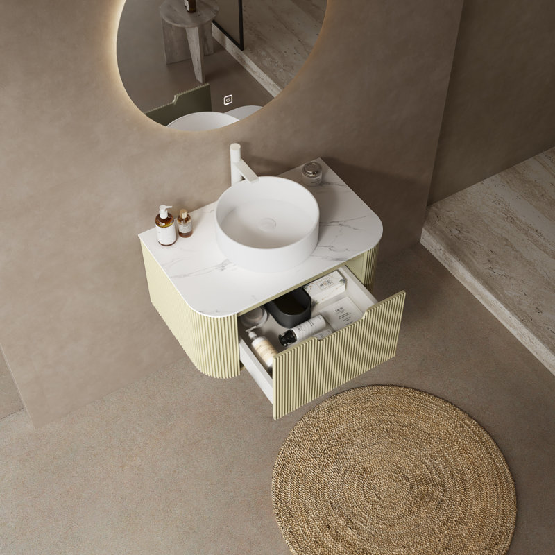 Armoire de salle de bain et évier de salle de bain de 30 po avec tiroir, lavabo en contreplaqué rayé à bords arrondis avec tiroir, lavabo rond en céramique blanche et plateau en pierre frittée blanche de Carrare, pré-assemblé, couleur vert clair