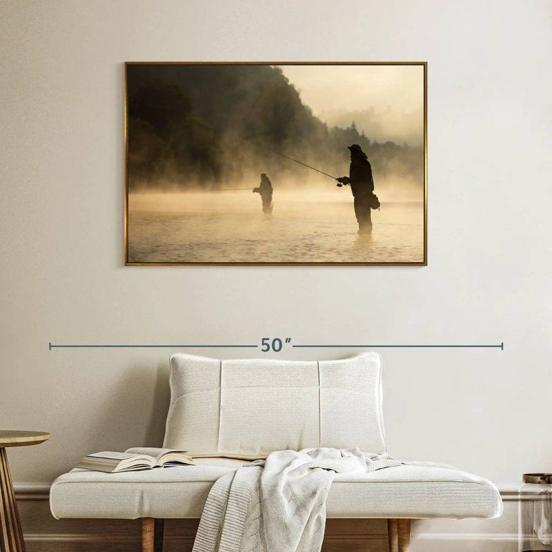 Pêche à la mouche dans la rivière Foggy, Cadre flottant doré, 40 po x 27 po