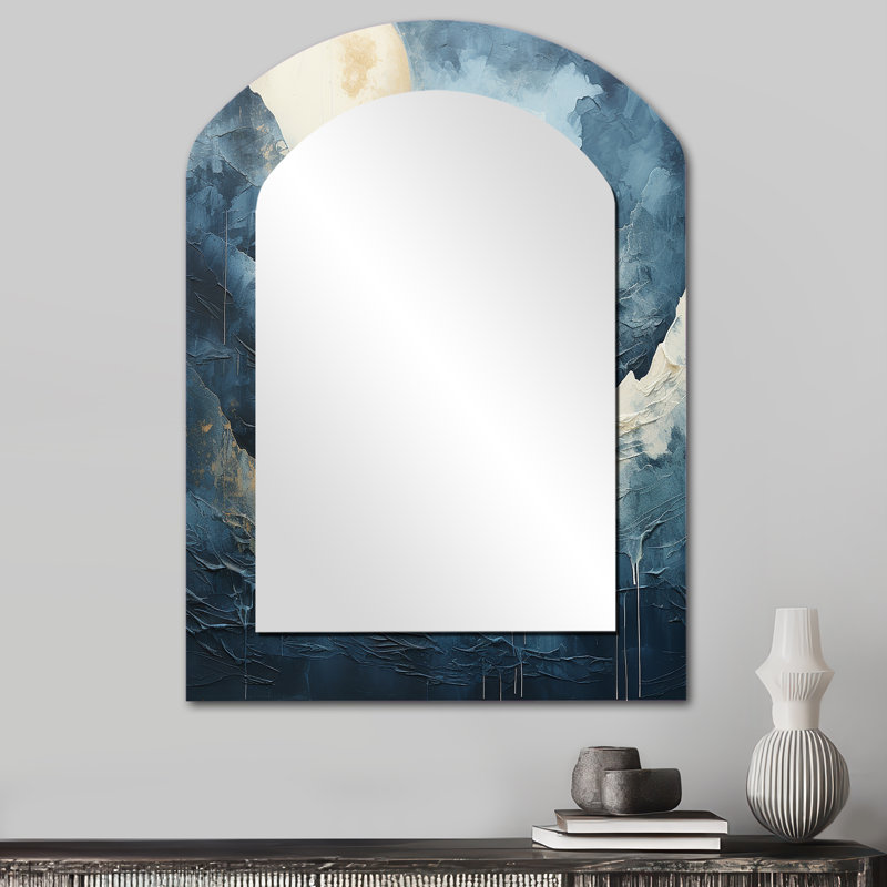 Noir et blanc Mystic Moonlight Mountain River - miroir mural asymétrique bleu, miroir décoratif arqué traditionnel, impression d'art en métal