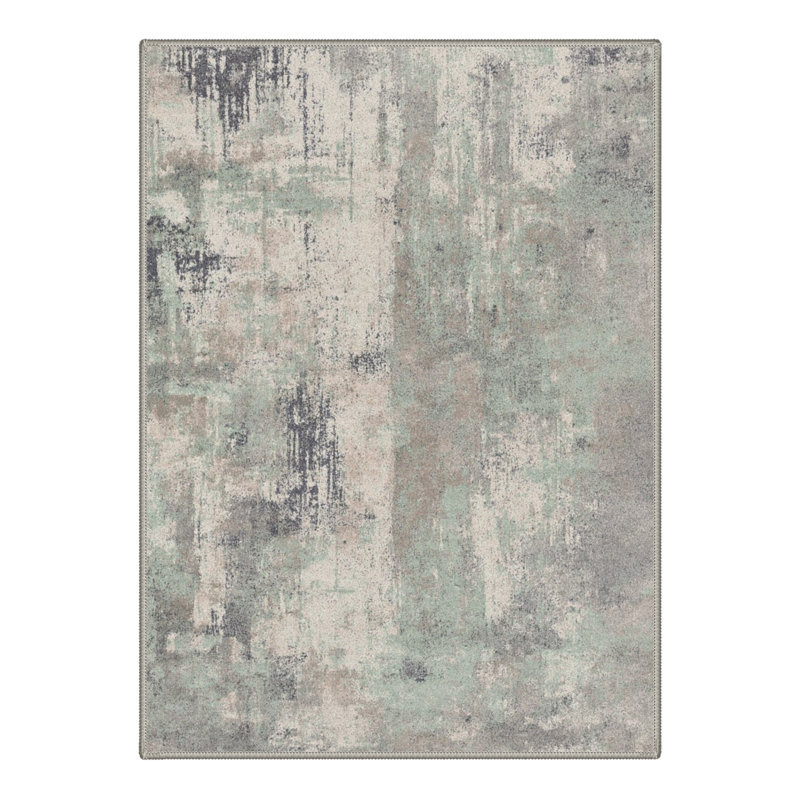 Tapis ivoire / sarcelle abstrait lavable à la machine avec envers antidérapant, Rectangle 6 pi x 9 pi