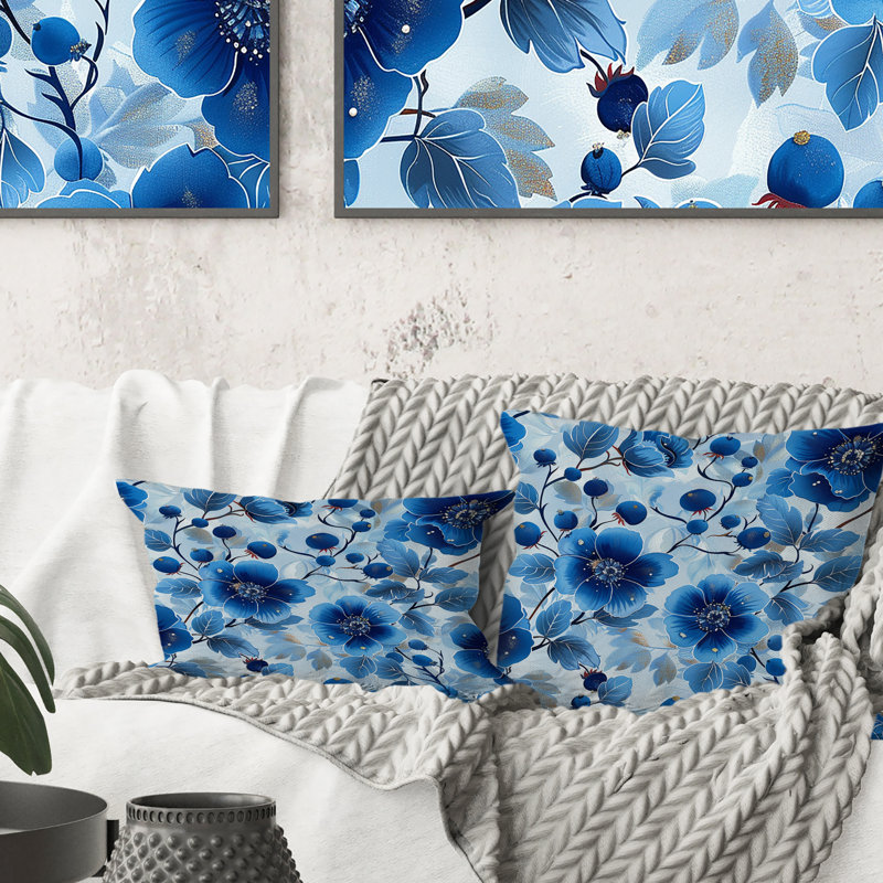 Coussin lombaire glamour Flower Gardens, Bleu / argent