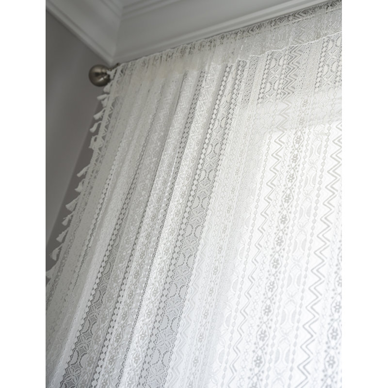 White Geometric Waves Lace Curtains - Boho Semi-Sheer Windows Curtains, Rod Pocket Crochet Vintage Cotton Tassel Curtains Panels Pair