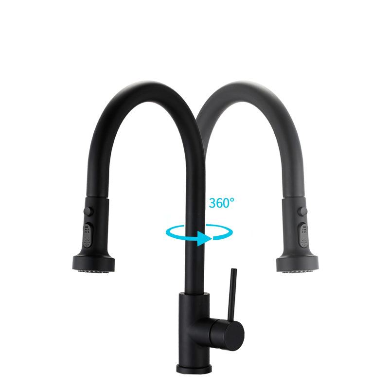 Robinet rétractable en acier inoxydable noir mat - finition rouille et égratignure, bec pivotant à 360 °, débit d'eau contrôlé par bouton, acier de cuisine facile à installer, égratignures et rouille, bouton de pause pour l'écoulement