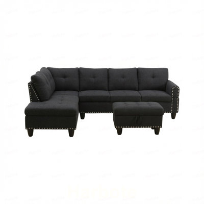 Canapé modulaire en L 3 pièces en L gris et gris avec repose-pieds et porte-gobelets (méridienne gauche)