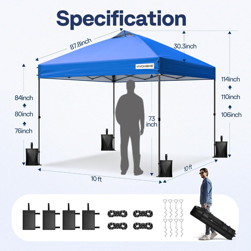 10x10ft. Portable Outdoor Pop Up Canopy with Wheel Carry Bag and Sandbags, Blue