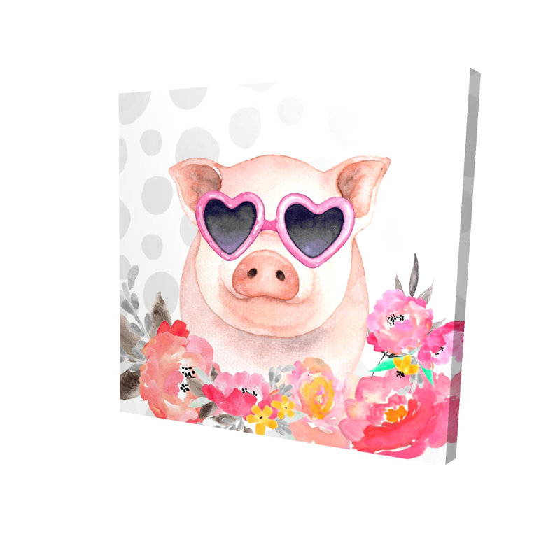 Petit cochon amoureux, toile - Mignon animal de ferme, H 8 po x l 8 po