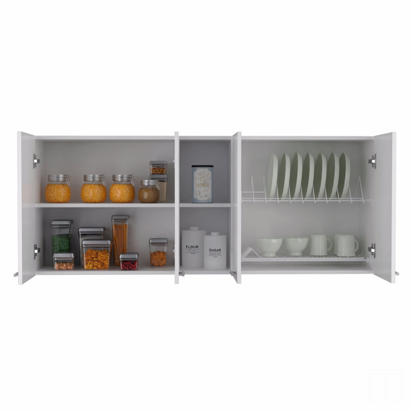 Wall Cabinet 24" H, Four Doors, Two Open Storage Shelves, Two Internal Shelves, Internal Dish And Glass Organizer, White