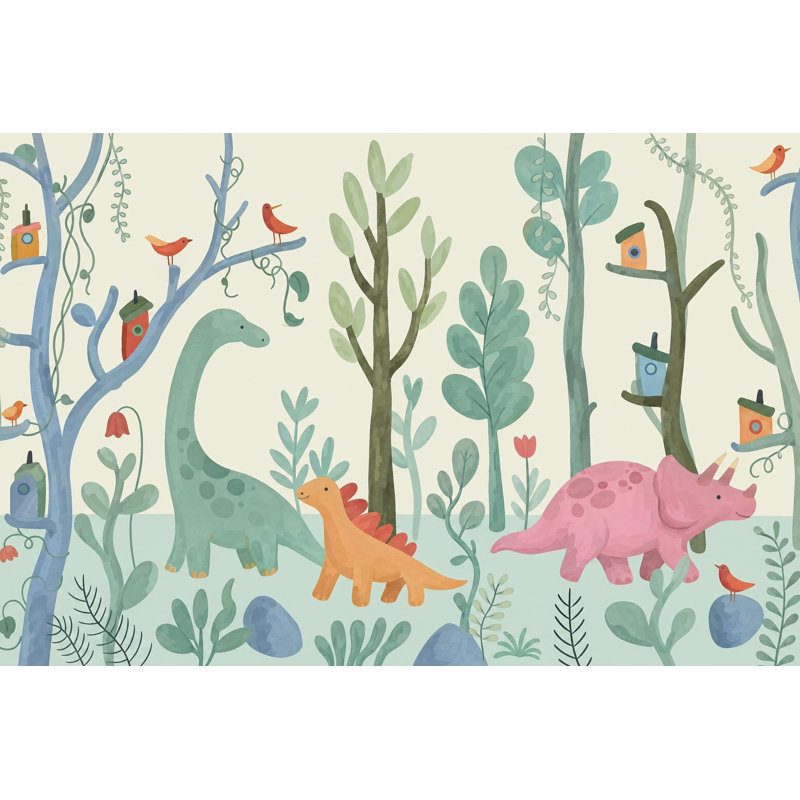Papier peint Forêt féérique, Bois enchanté, Décoration murale amovible avec dinosaures, 200"x120", Peel and Stick