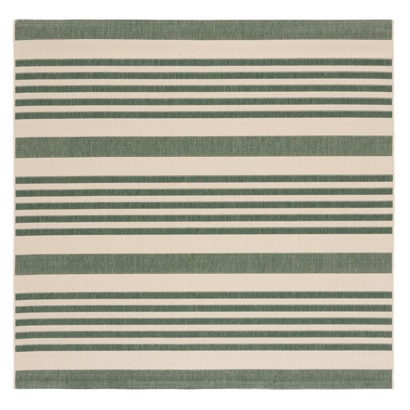 Tapis rayé beige / vert intérieur / extérieur Aiken, Carré 5 pi 3 po