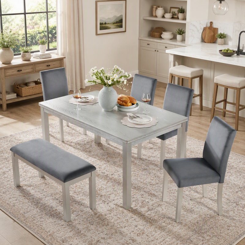 Ensemble de table de salle à manger 6 pièces en bois avec 4 chaises rembourrées et un banc