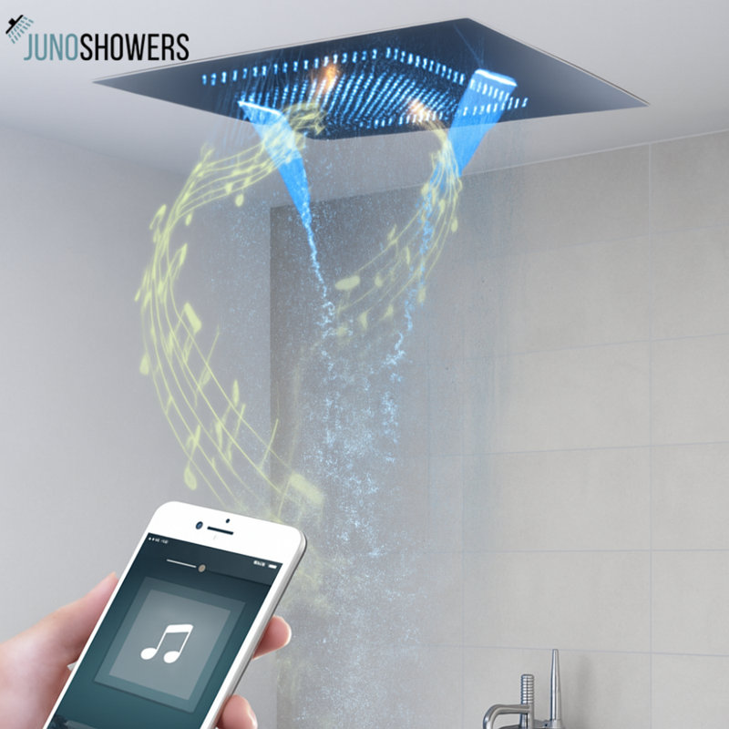 Juno Musical Chrome LED Ceiling Shower Head with Remote Control and Built in Bluetooth Speakers