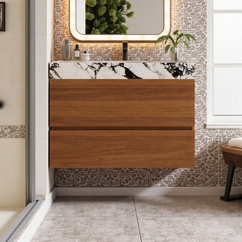 Meuble-lavabo flottant 29,9 po avec comptoir en faux marbre, lavabo encastré en céramique et armoire en bois massif, Brun