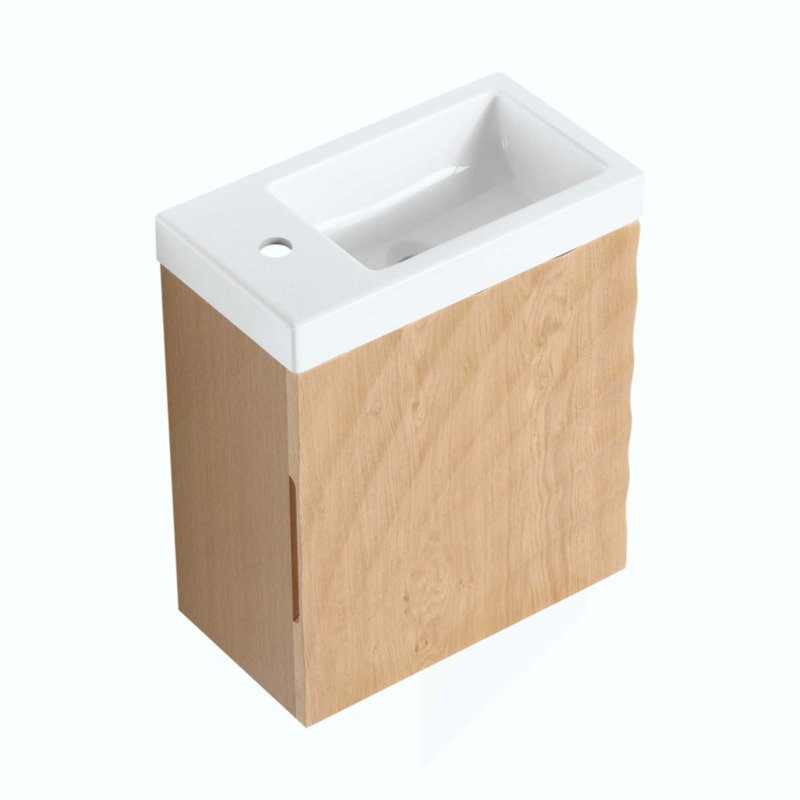 Meuble-lavabo mural avec lavabo en résine, porte simple à fermeture douce, panneau de fibres à densité moyenne, Naturel