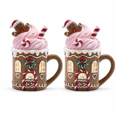 Set of 2 Lighted Gingerbread House Mug Figurines with Gingerbread Cookie, Peppermint & Pink Frosting
