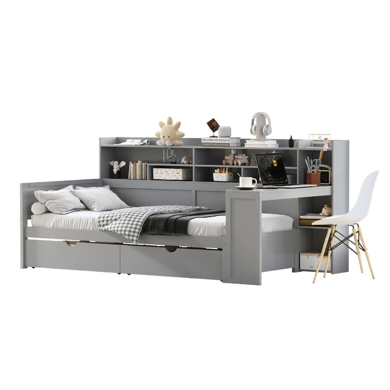 Twin Gray Wooden Daybed With Storage Shelving, Two Compartments And A Study Desk For Bedroom Space Maximization Wood Multi - Layer Layout, Drawers Function Enhancement