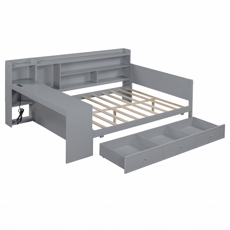 Lit de jour en bois double avec 3 tiroirs, ports USB et bureau, Gris