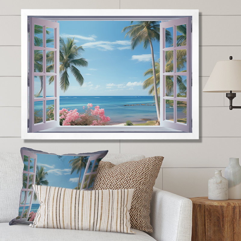Vue sur l'océan tropical à travers une fenêtre blanche ouverte - art mural sur toile côtière, H 12 po x l 20 po x P 1 po