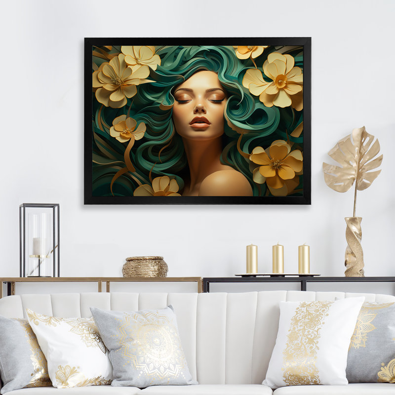 Femme verte et dorée avec une fleur sur le visage - Art mural floral, Cadre d'angle fermé noir, H 12 po x l 20 po x P 1 po