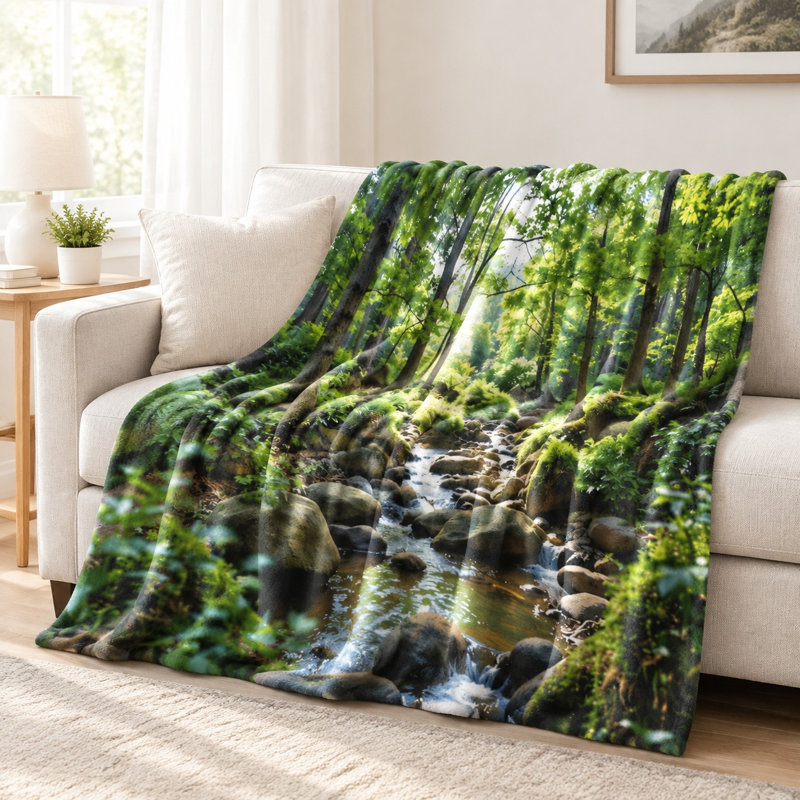 Plaid douillet en flanelle - Motif ruisseau forestier luxuriant, verdure éclatante et paysage naturel, ultra doux, léger, respirant, confort toutes saisons, agréable pour la peau, facile d'entretien, élément décoratif pour canapé, fauteuil, salon et chambre