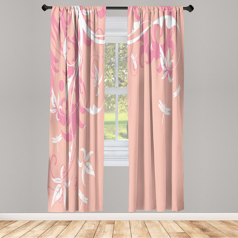 Microfiber Floral Semi-Sheer Rod Pocket Curtain Panels, 28" W x 95" L, Milk Pink/Red