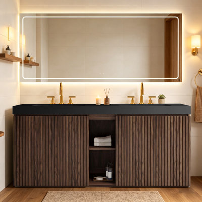 72F" Winston Walnut Bathroom Vanity with Sink, Large Storage Freestanding Bathroom Vanity for Modern Bathroom, One-Piece Black Quartz Sink Basin without Drain and Faucet, LTL