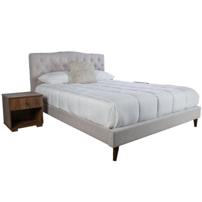 Grand lit tapissier grand avec 2 tables de chevet, couleur pierre, gris, bordures en noyer, tablettes et côtés en pierre, 100% côtés, poignées à panneaux
