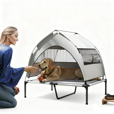 1 lit pour chien surélevé / canapé pour animal avec auvent amovible, gris clair / noir - idéal pour les grands chiens, protection solaire à 3 côtés, filet respirant + coussin de refroidissement, sac de rangement (transport facile), tissu Oxford / construction en acier